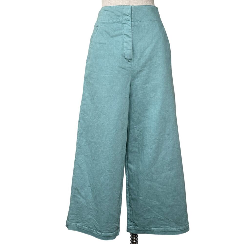 Tibi 'Demi' Wide Leg Cropped Pants Garment-Dyed Twill Blue-Green Aqua Sz 10